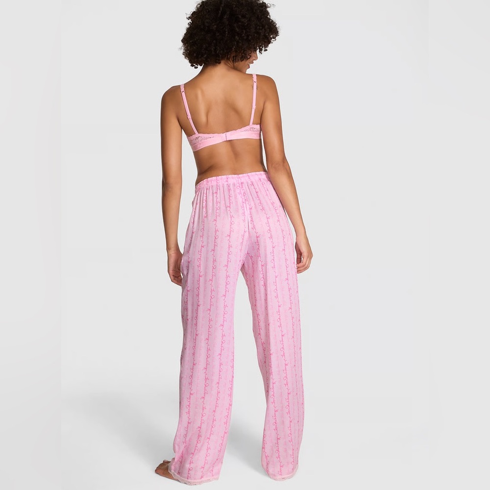 PINK x LoveShackFancy Silky Sleep Pants Pink Floral Logo Lounge Pajama Bottoms - Picture 8 of 12